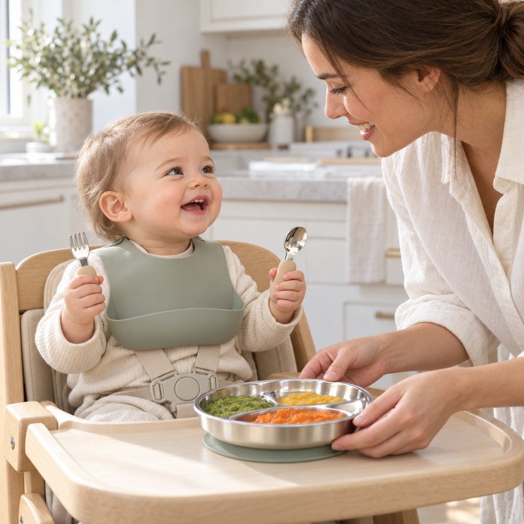 Bébé souriant dans sa chaise haute avec ses couverts bébé inox, maman à côté