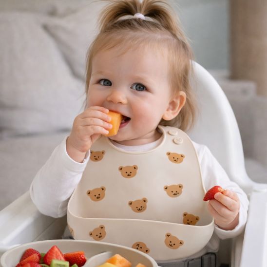 Bavoir - Silicone souple imperméable poche récupératrice anti-miettes