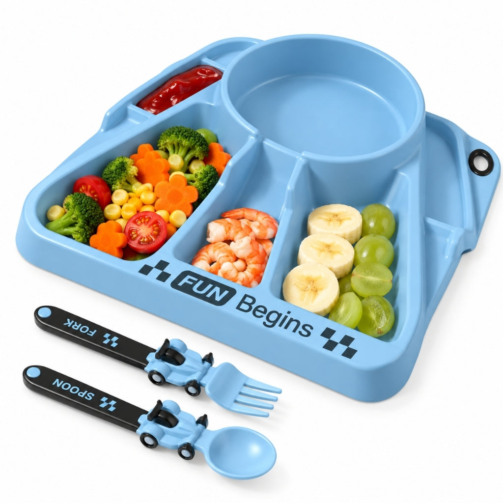 Assiette à compartiments bébé bleue avec plusieurs espaces et couverts
