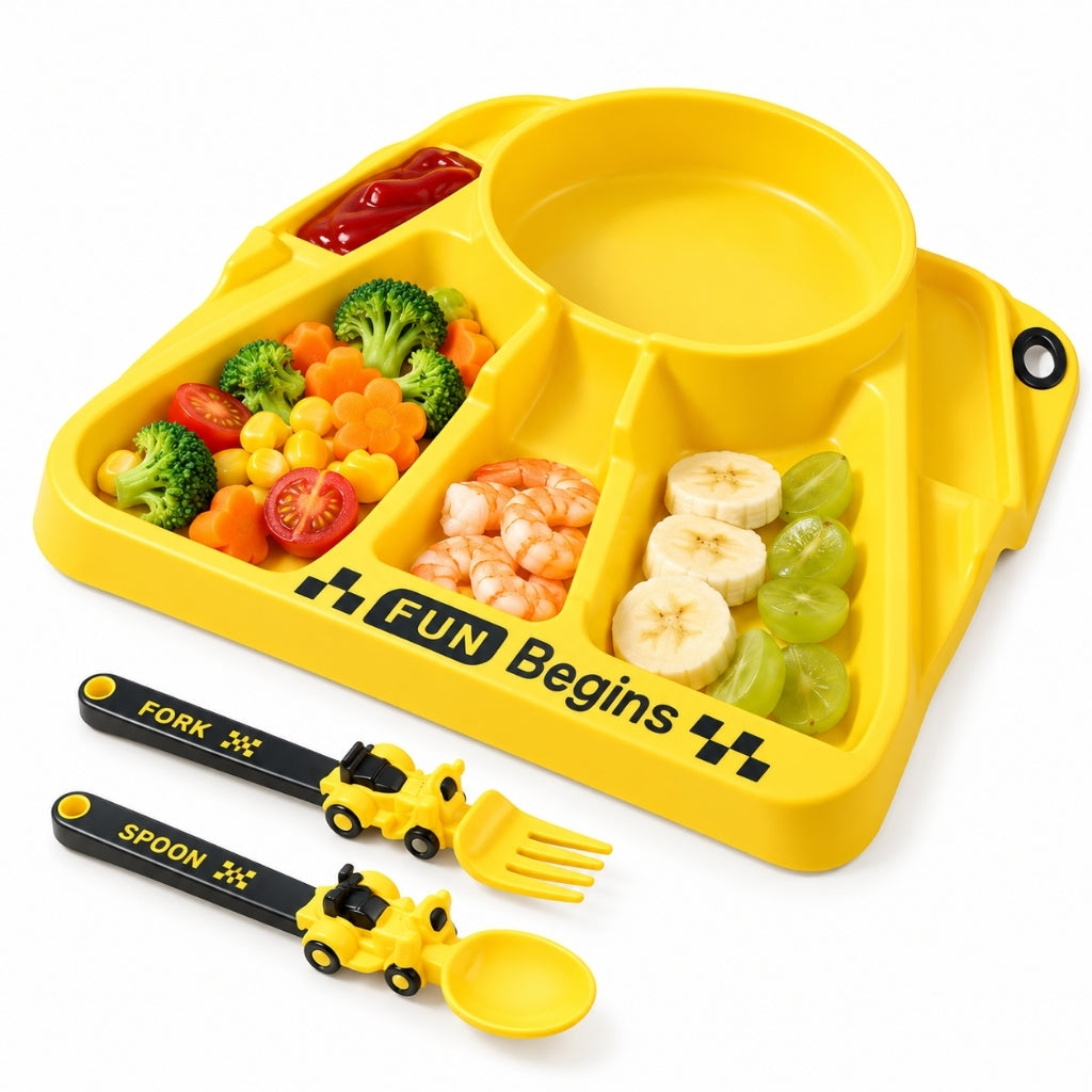 Assiette à compartiments bébé jaune remplie d’aliments avec cuillère et fourchette