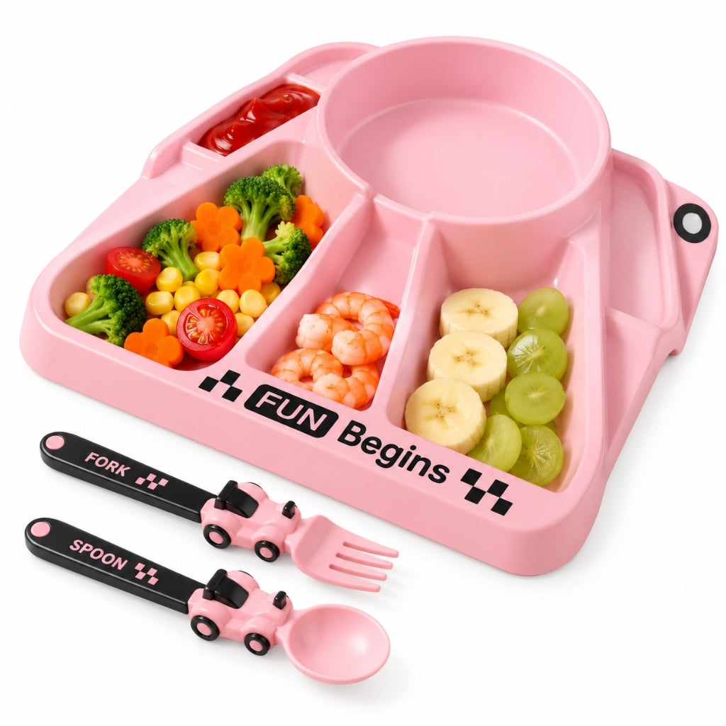 Assiette à compartiments bébé rose avec aliments séparés et couverts