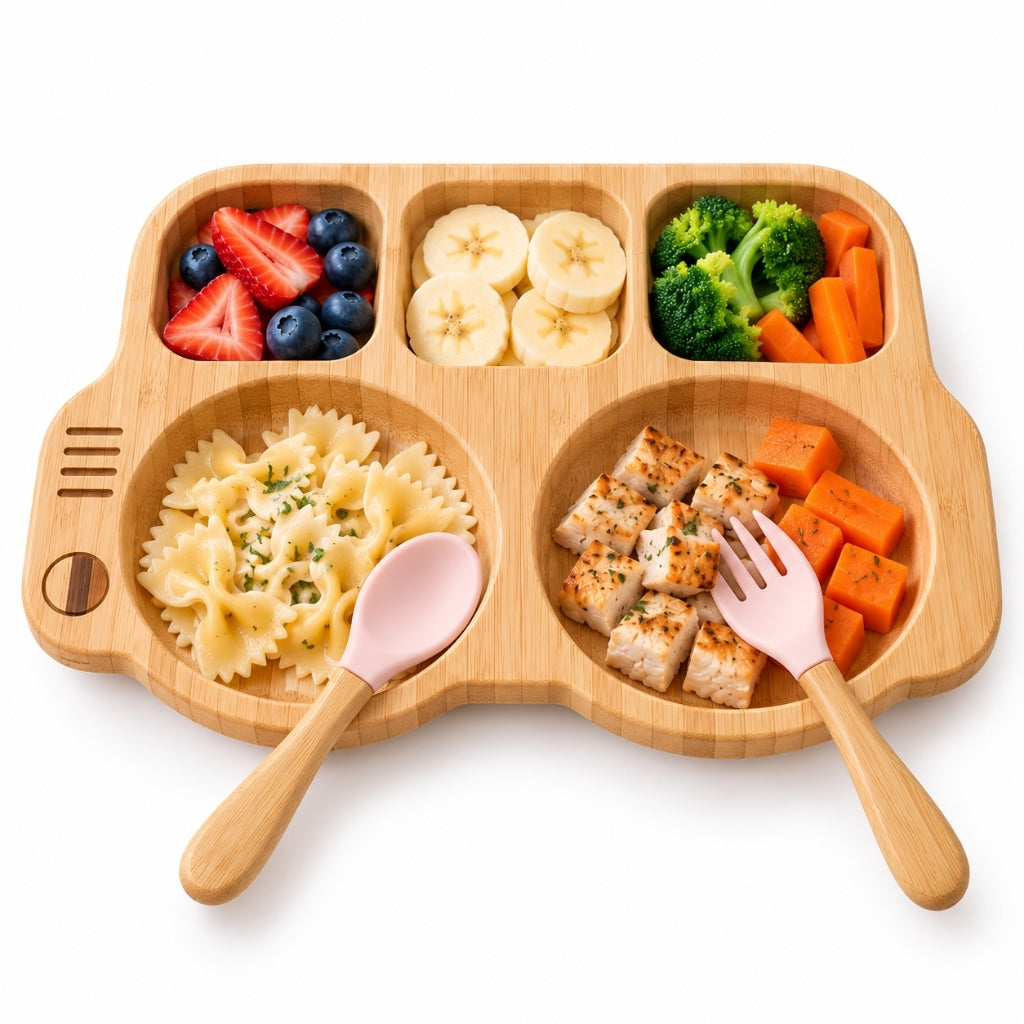 Repas équilibré réparti dans les 5 compartiments d'une assiette en bambou en forme de voiture