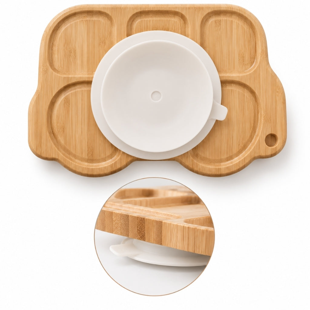 Dessous de l'assiette en bambou voiture avec sa large ventouse amovible en silicone