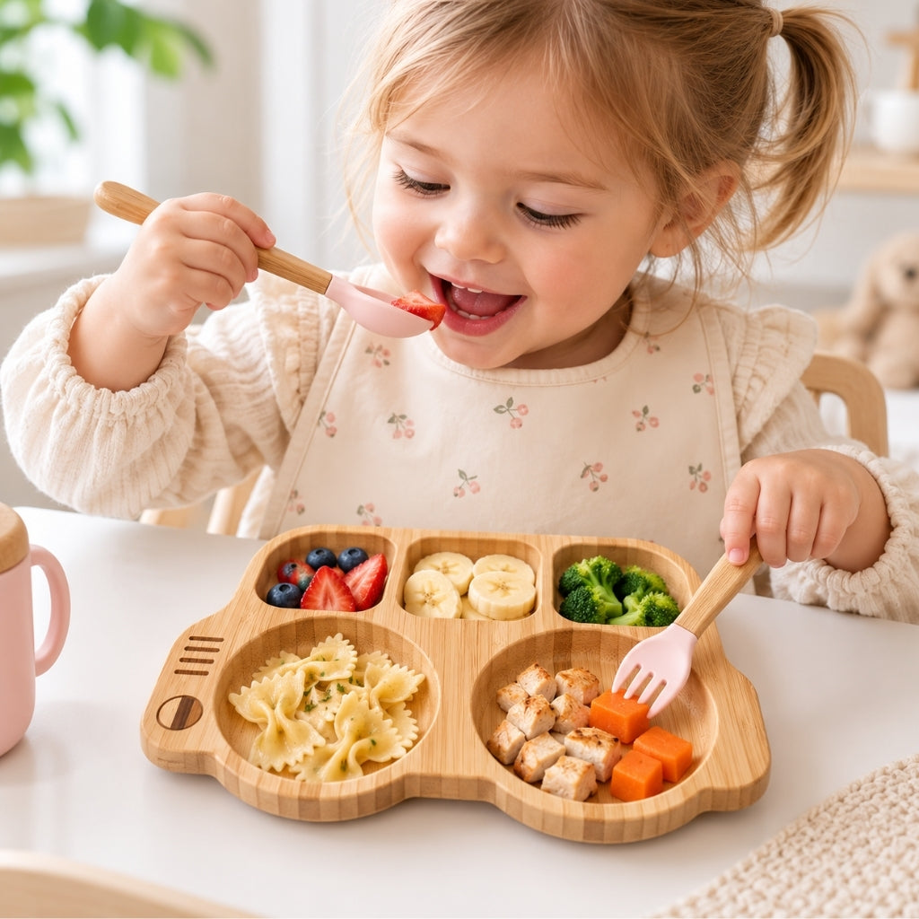 Petite fille souriante qui mange seule des fraises avec sa cuillère dans son assiette bambou voiture