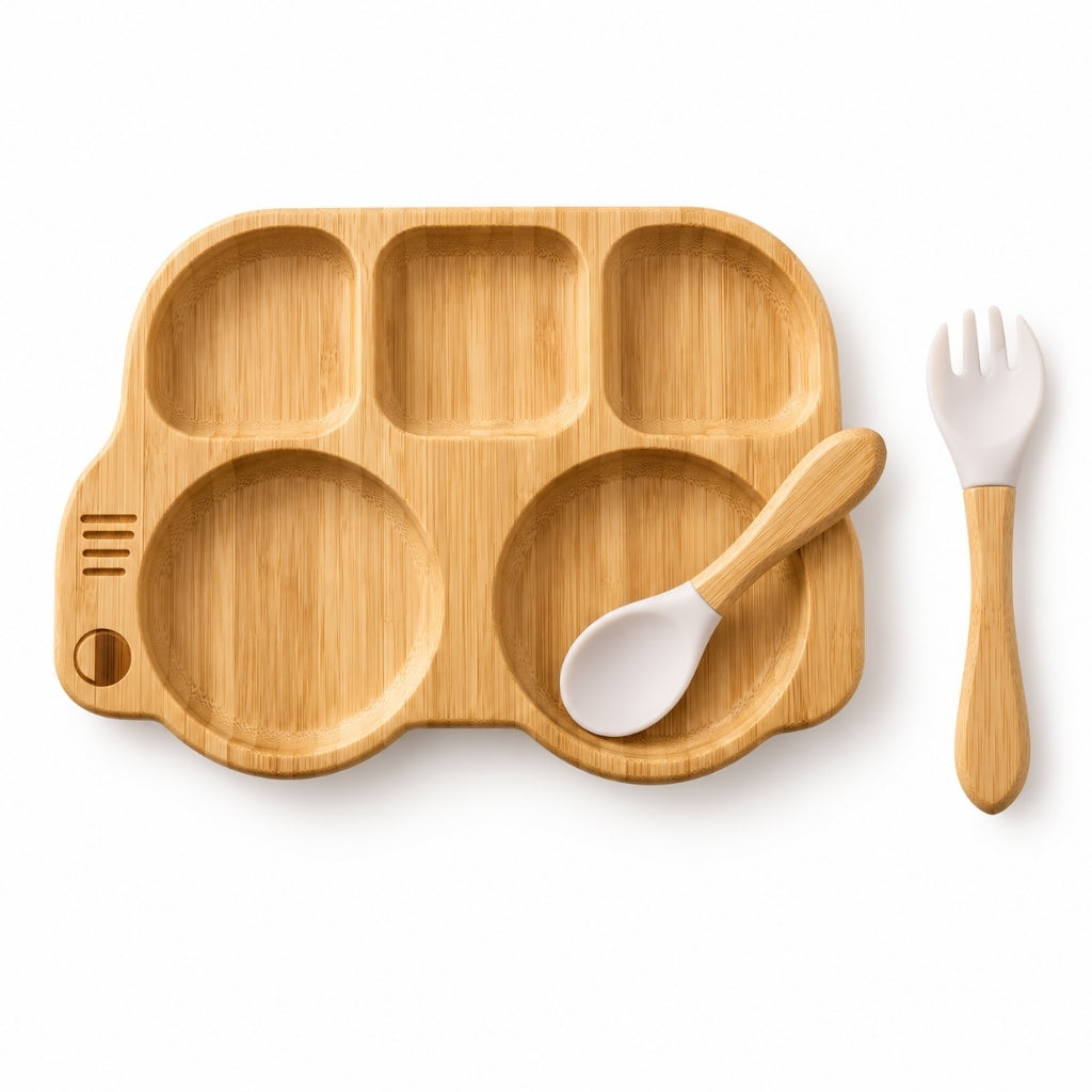 Assiette bambou bébé en forme de voiture avec cuillère et fourchette à embout silicone blanc marbré