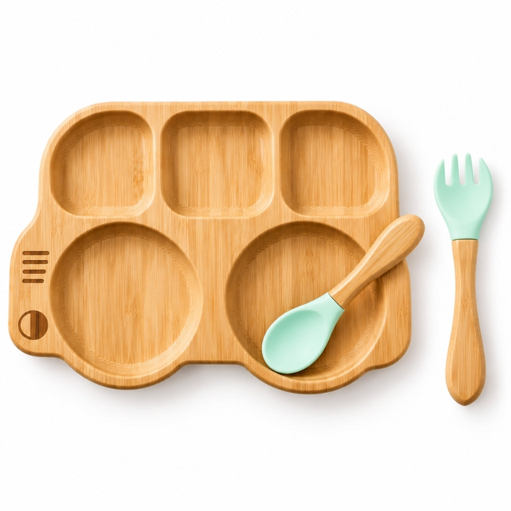 Assiette en bambou voiture à 5 compartiments avec cuillère et fourchette vertes