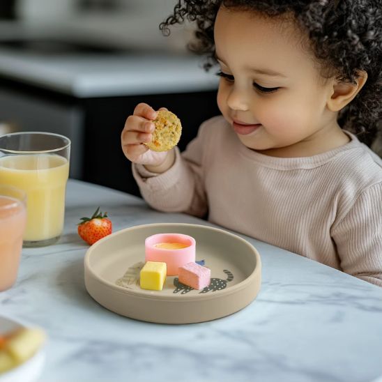 Assiette bebe grise dinosaure sans BPA silicone securisée Bébé Miam