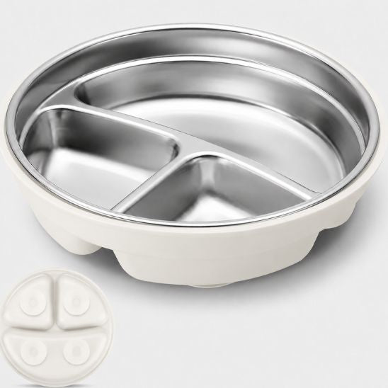Assiette pour bébé 2 en 1 blanc, vue d'ensemble avec détail de la base à ventouses