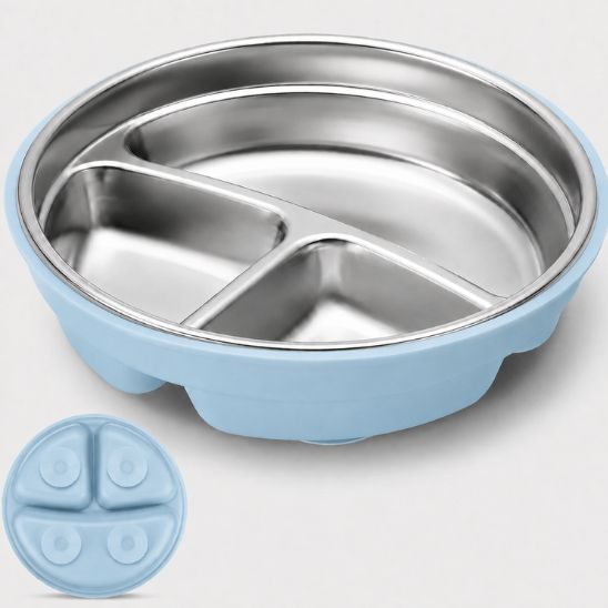 Assiette pour bébé 2 en 1 bleu, vue d'ensemble avec détail de la base à ventouses