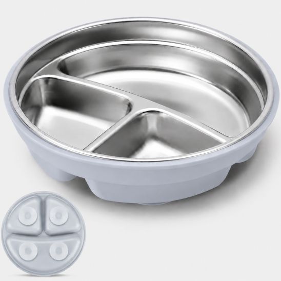 Assiette pour bébé 2 en 1 gris, vue d'ensemble avec détail de la base à ventouses