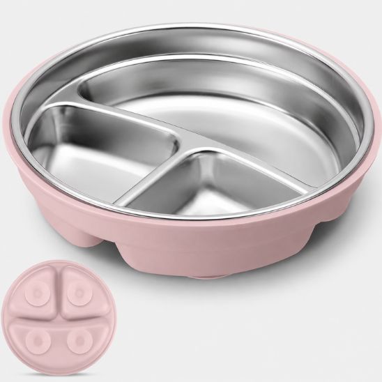 Assiette pour bébé 2 en 1 rose, vue d'ensemble avec détail de la base à ventouses