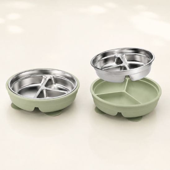 Assiette pour bébé 2 en 1 vert, montrant les deux configurations assemblée et séparée