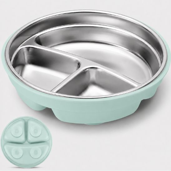 Assiette pour bébé 2 en 1 vert, vue d'ensemble avec détail de la base à ventouses