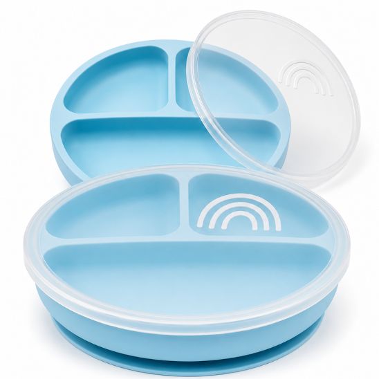 Assiette bébé ventouse bleue à compartiments avec couvercle transparent assorti