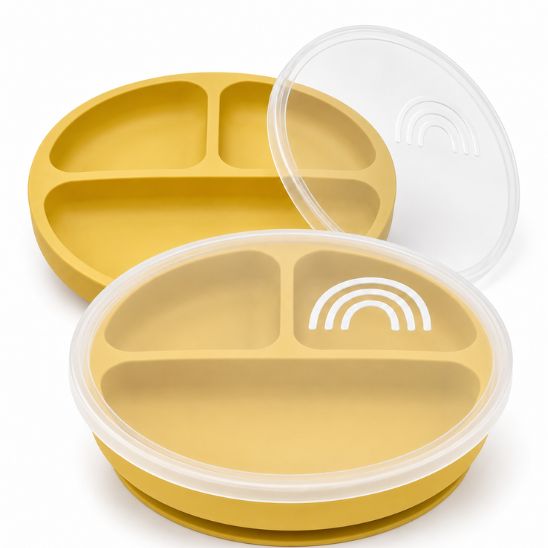 Assiette bébé ventouse jaune moutarde à compartiments avec couvercle transparent assorti