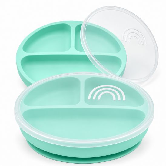 Assiette bébé ventouse menthe à compartiments avec couvercle transparent assorti