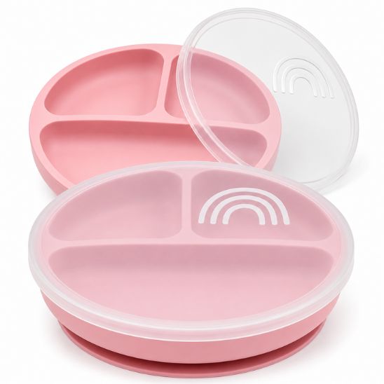 Assiette bébé ventouse rose poudré à compartiments avec couvercle transparent assorti