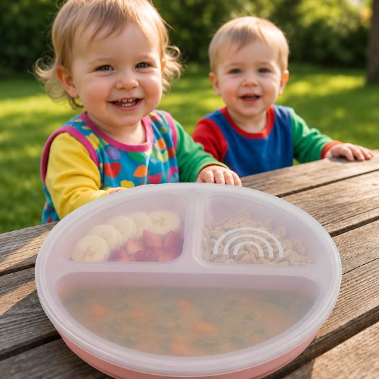 Deux jeunes enfants souriants en extérieur autour d'une assiette bébé ventouse recouverte de son couvercle transparent