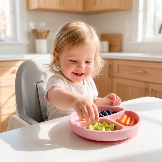 Bébé souriant assis en chaise haute mangeant des myrtilles et de l'avocat dans une assiette bébé ventouse rose à compartiments