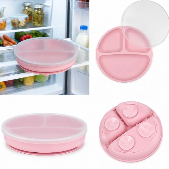 Assiette bébé ventouse rose rangée au réfrigérateur avec son couvercle, vue éclatée et détail des ventouses