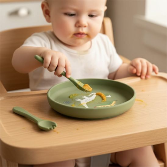 Assiette bebe verte plateau repas dinosaure silicone sans BPA Bébé Miam