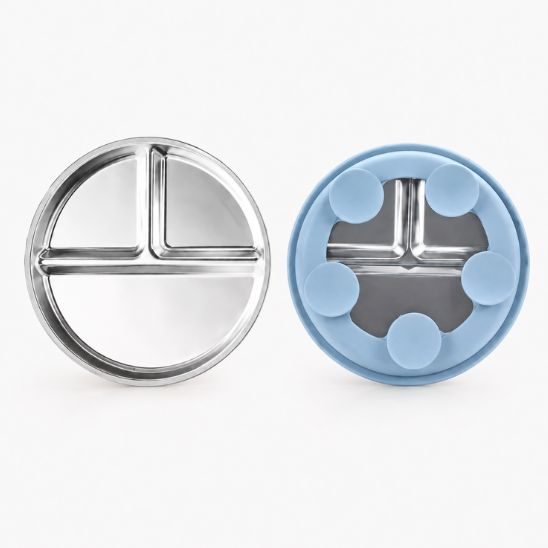 Assiette compartiment inox et sa base à ventouses en silicone bleu, vues séparées