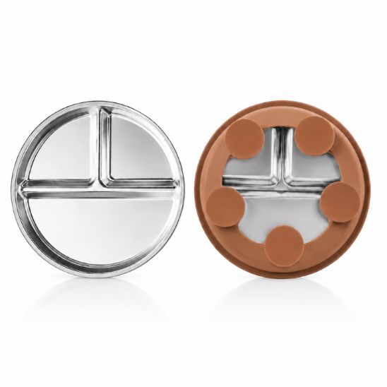 Assiette compartiment inox et sa base à ventouses en silicone chocolat, vues séparées