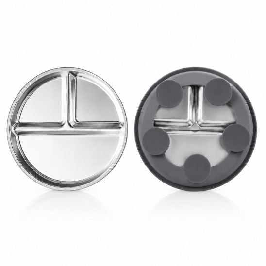 Assiette compartiment inox et sa base à ventouses en silicone gris, vues séparées