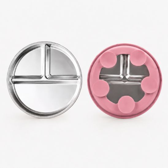 Assiette compartiment inox et sa base à ventouses en silicone rose, vues séparées