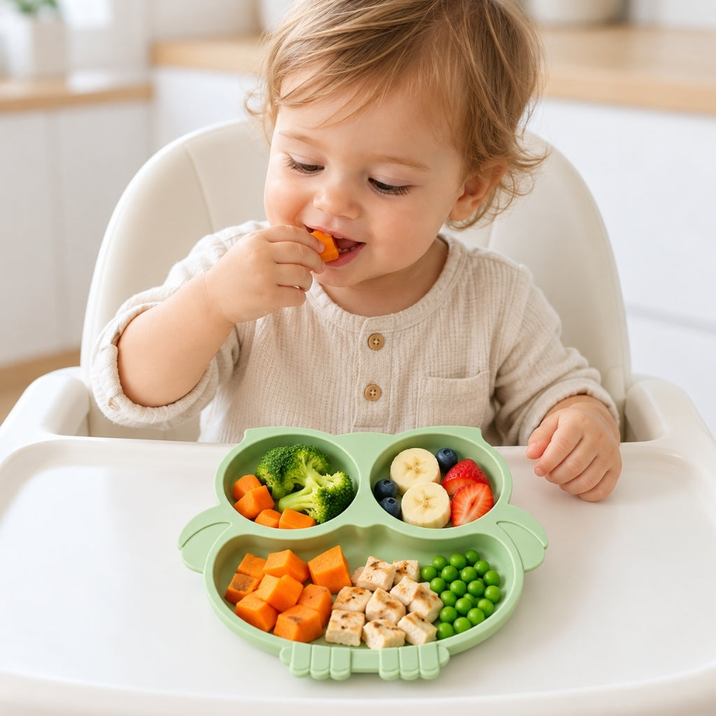 Bébé qui mange seul dans sa chaise haute avec une assiette en silicone avec base en ventouse