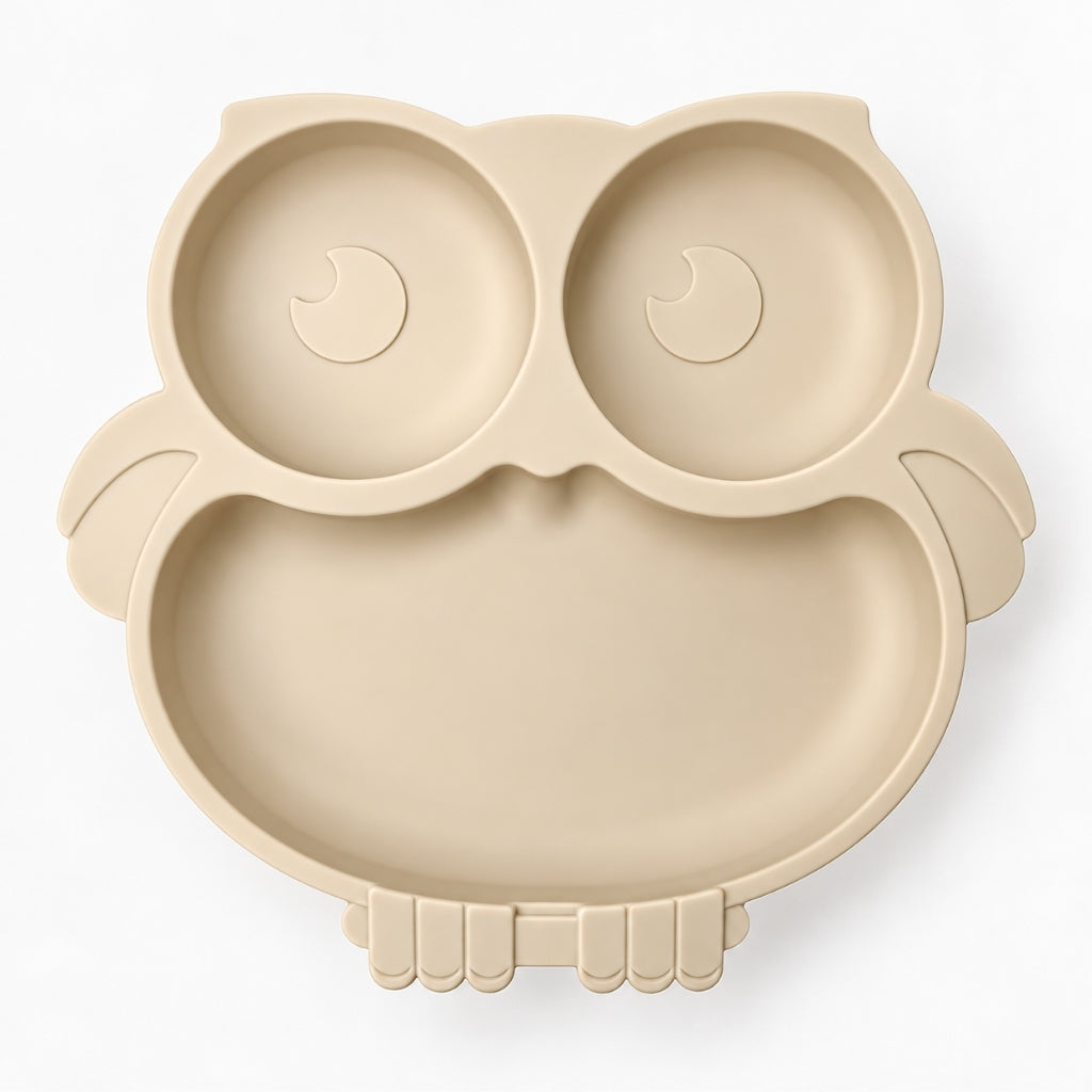 Assiette en silicone avec base en ventouse en forme de hibou, coloris beige