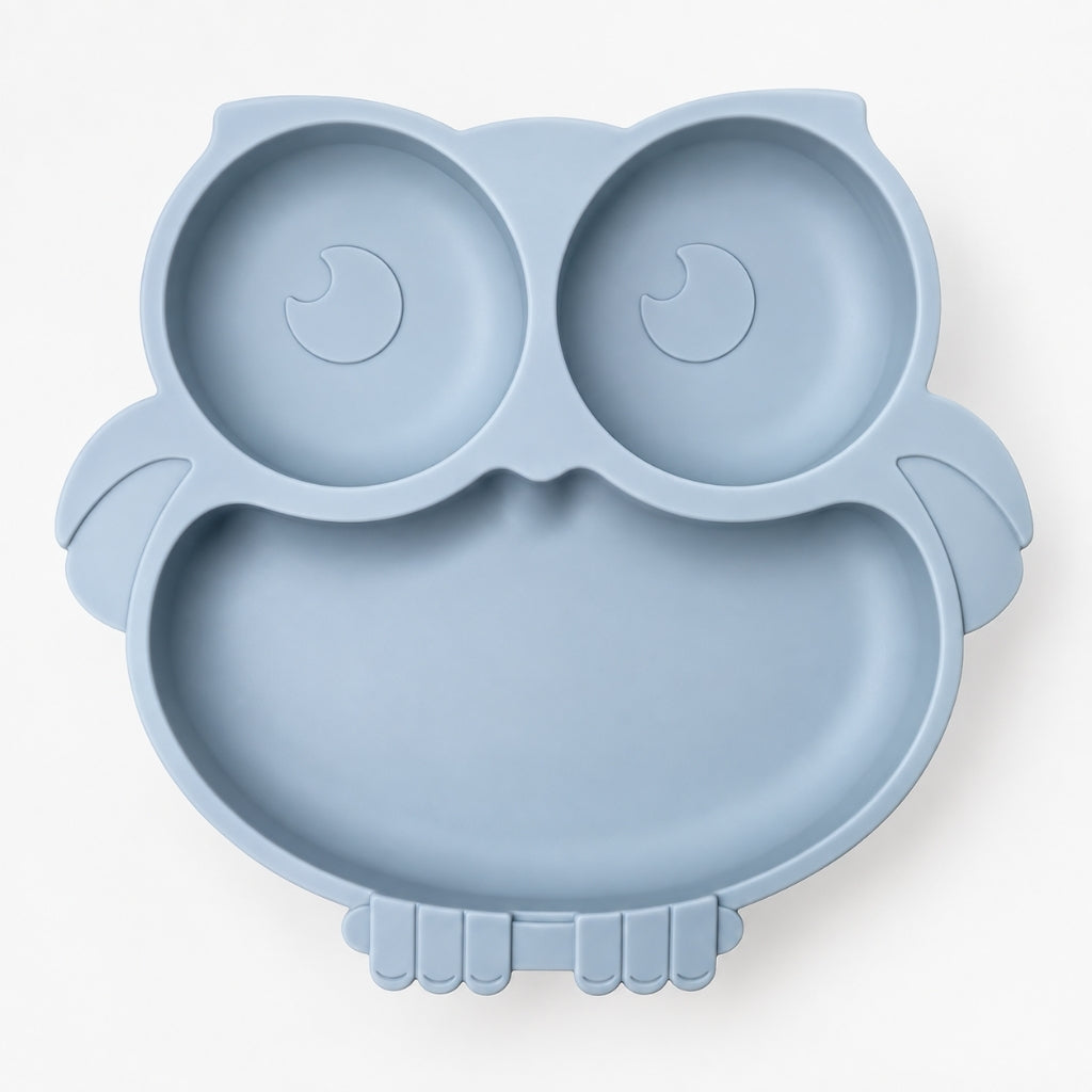 Assiette en silicone avec base en ventouse en forme de hibou, coloris bleu