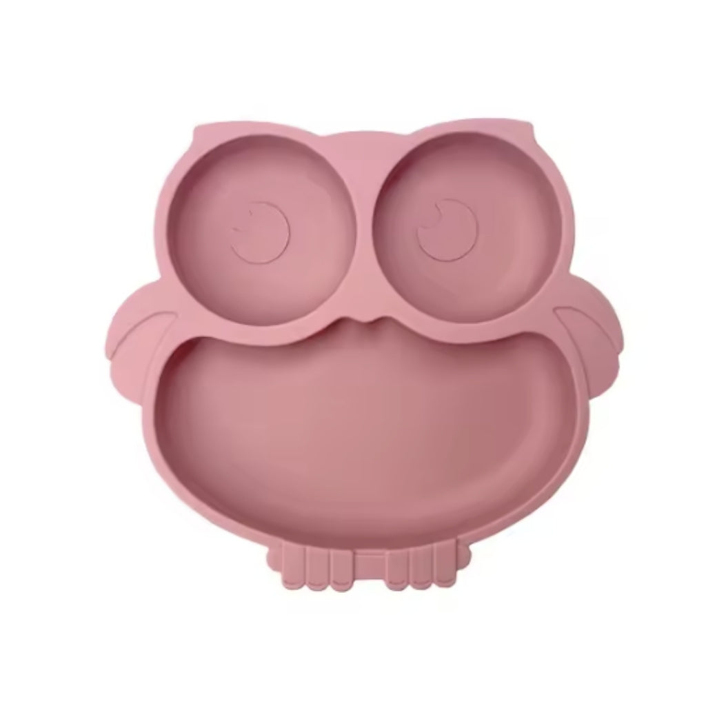 Assiette en silicone avec base en ventouse en forme de hibou, coloris rose
