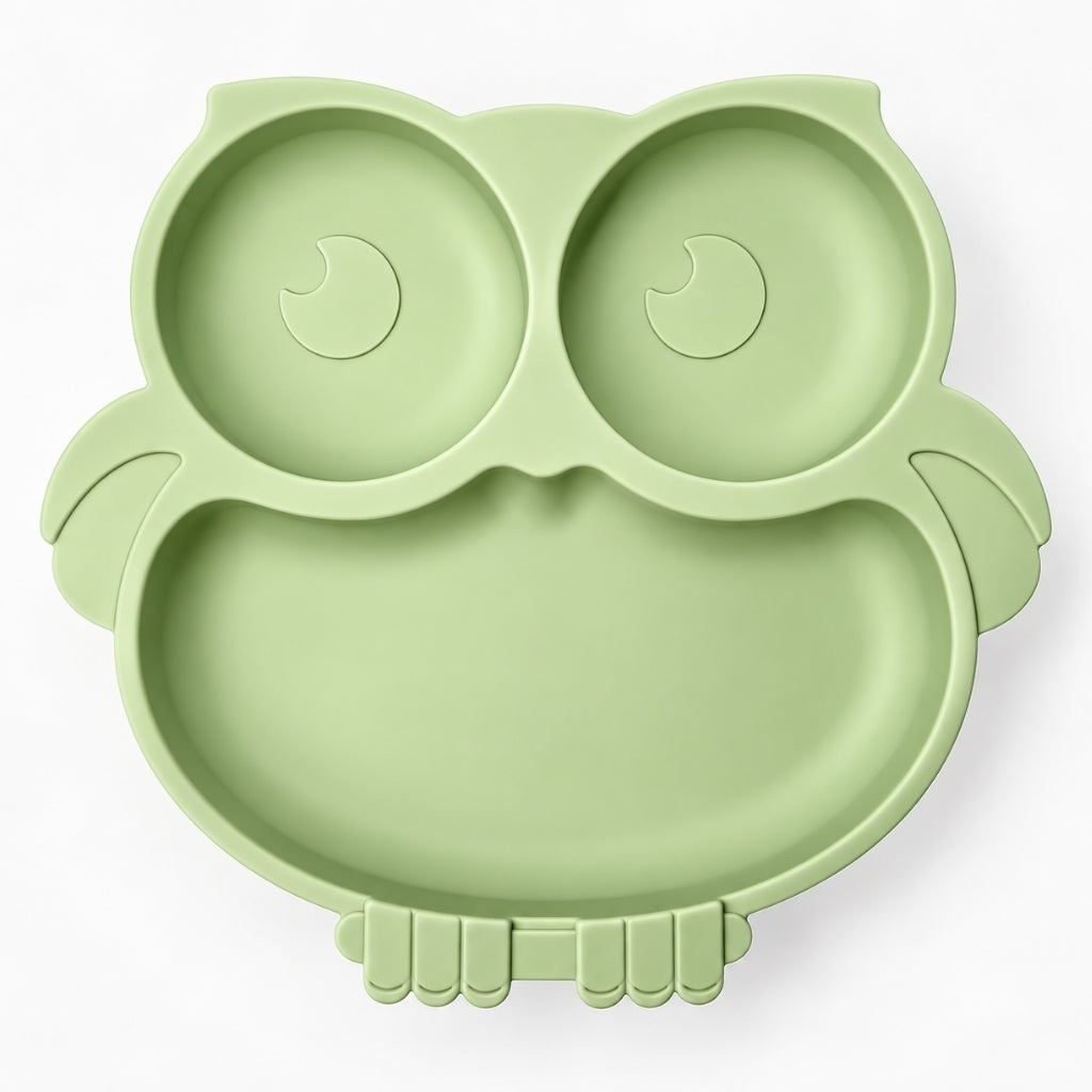 Assiette en silicone avec base en ventouse en forme de hibou, coloris vert