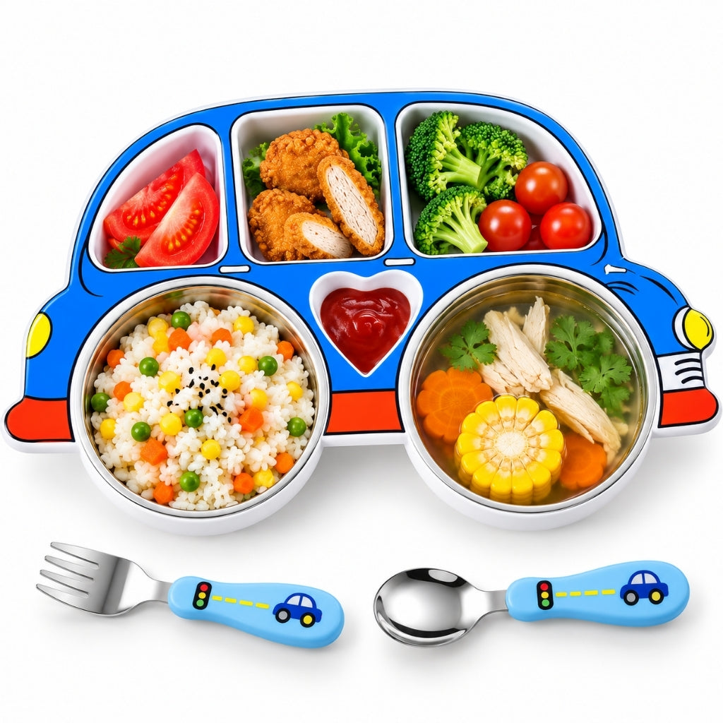 Assiette voiture bleue à compartiments avec bols en inox garnis de riz et de soupe, fourchette et cuillère assorties