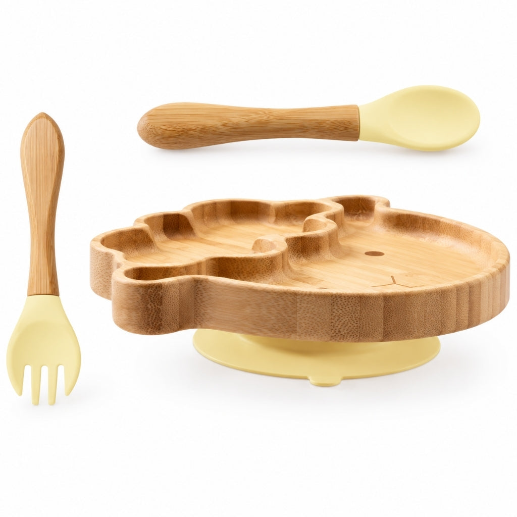 Assiette et couvert pour bébé en bambou coloris jaune, ventouse et embouts en silicone