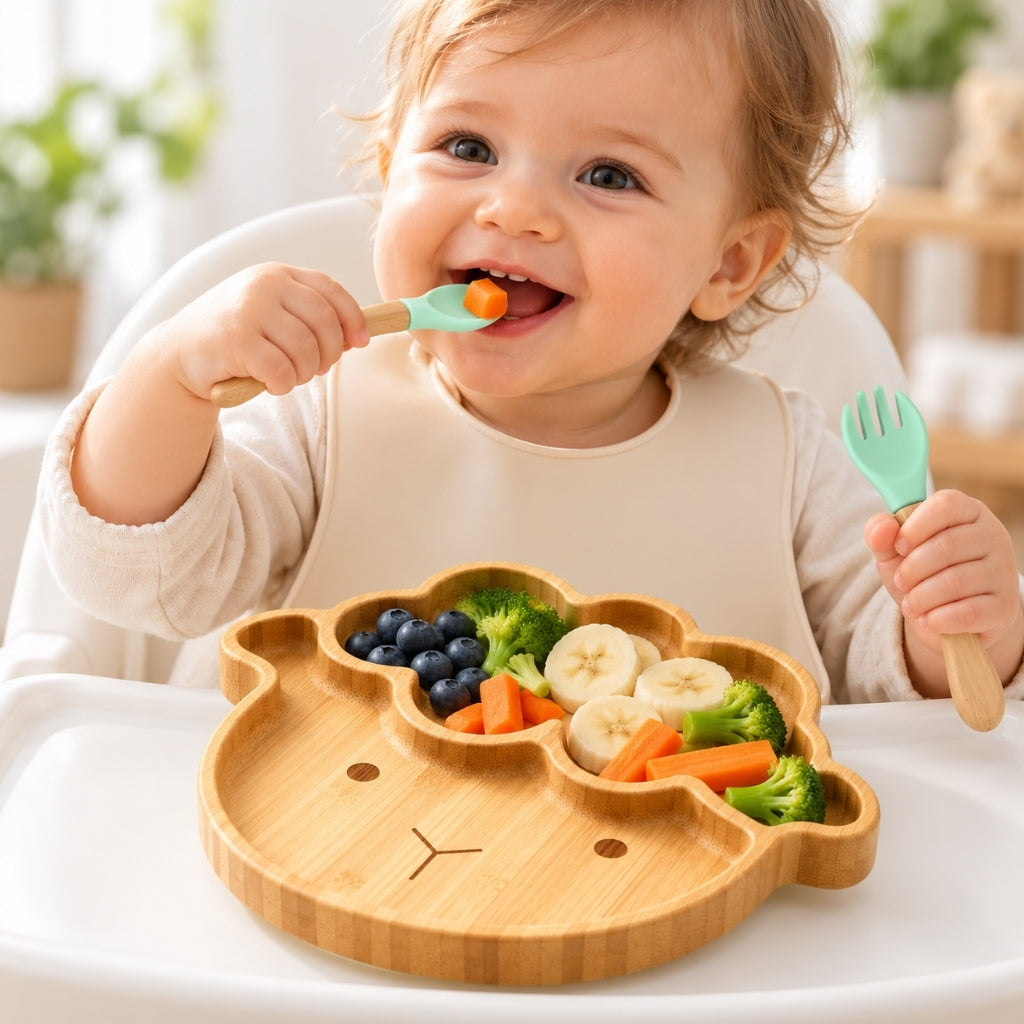 Bébé souriant qui mange seul avec sa cuillère menthe dans son assiette mouton en bambou