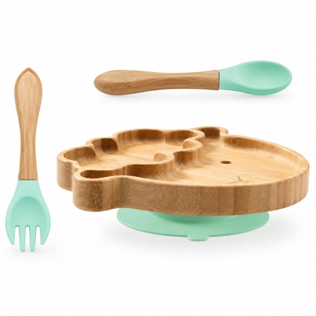 Assiette bambou avec base ventouse menthe, cuillère et fourchette à embout silicone