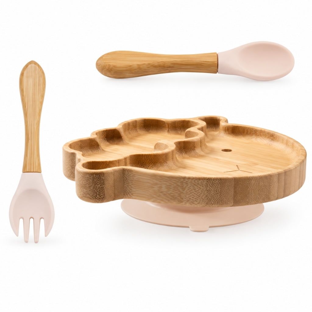 Assiette en bambou avec ventouse pêche, cuillère et fourchette assorties pour bébé