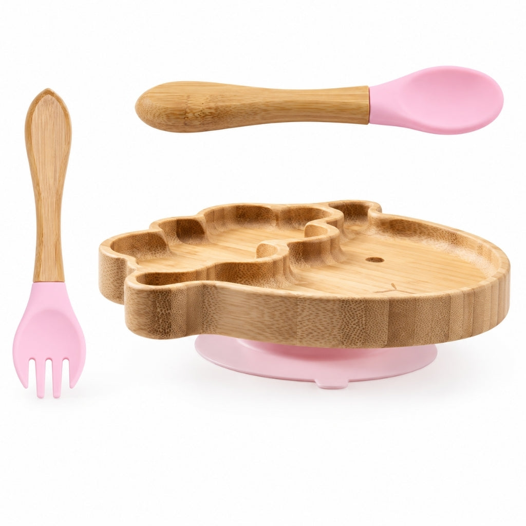 Assiette et couvert pour bébé en bambou avec base ventouse, cuillère et fourchette à embout silicone rose