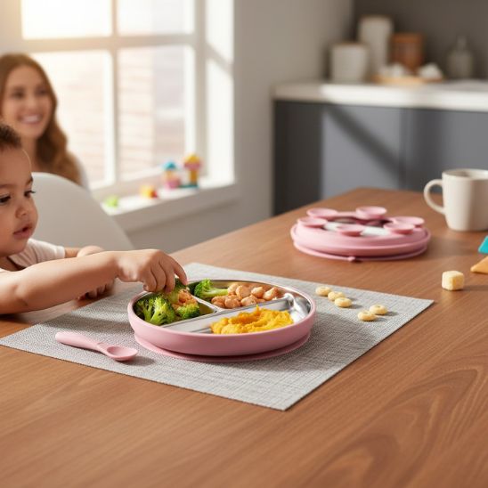 Assiette inox ventouse pour encourager le repas autonome de bébé