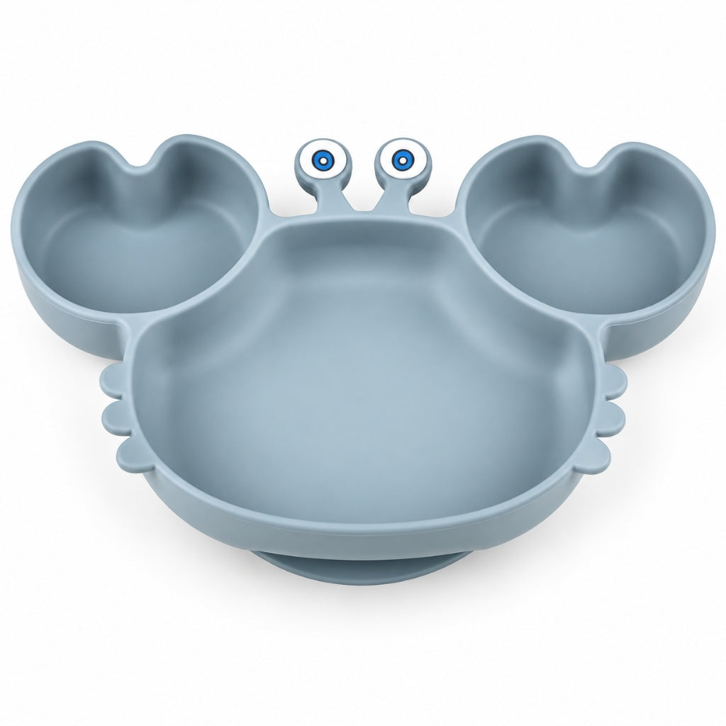 Assiette ventouse bébé crabe en silicone coloris bleu gris