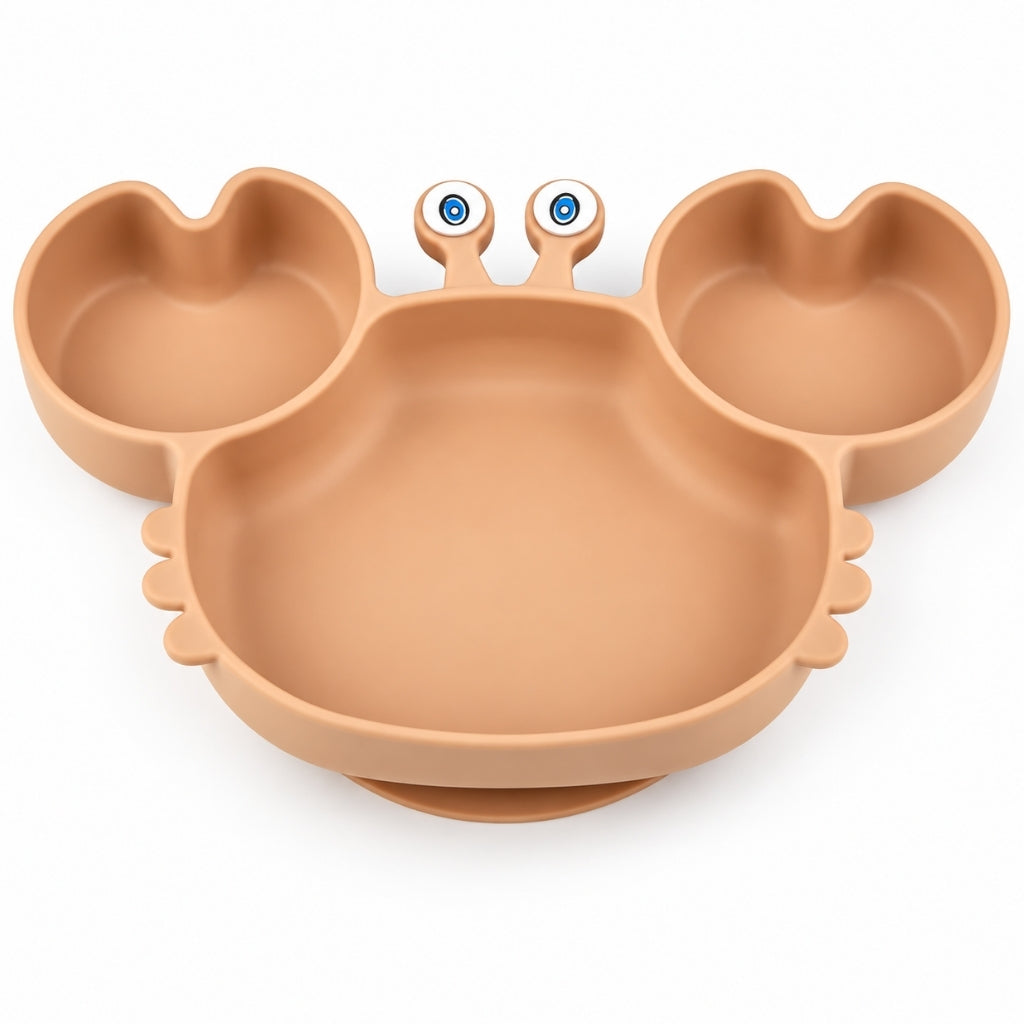 Assiette ventouse bébé crabe en silicone coloris caramel avec trois compartiments