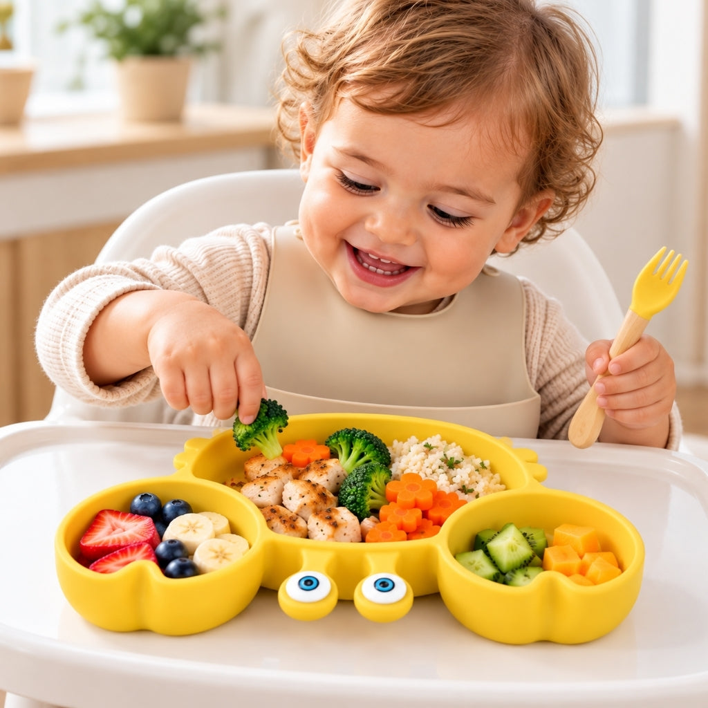 Bébé souriant qui mange seul avec les doigts dans son assiette crabe en silicone fixée sur le plateau