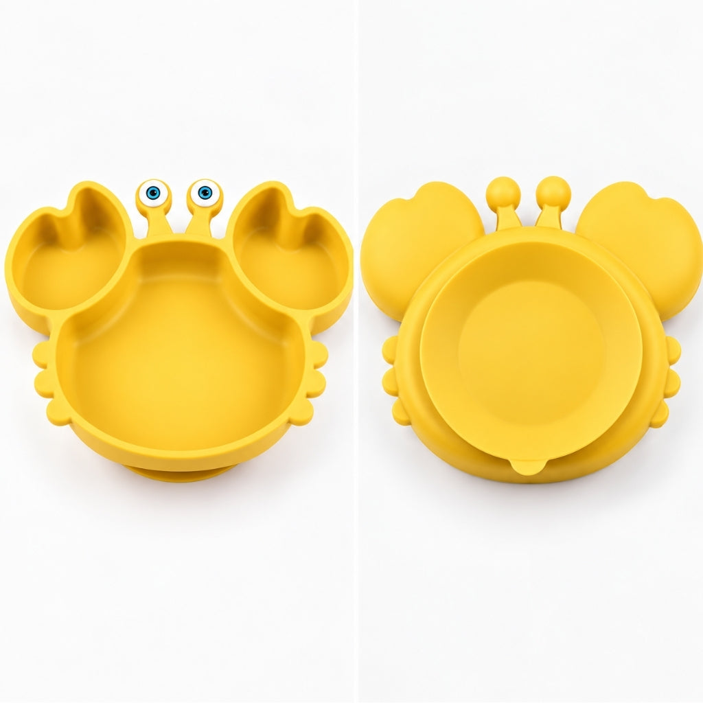 Dessus et dessous de l'assiette ventouse bébé crabe jaune montrant la large base ventouse