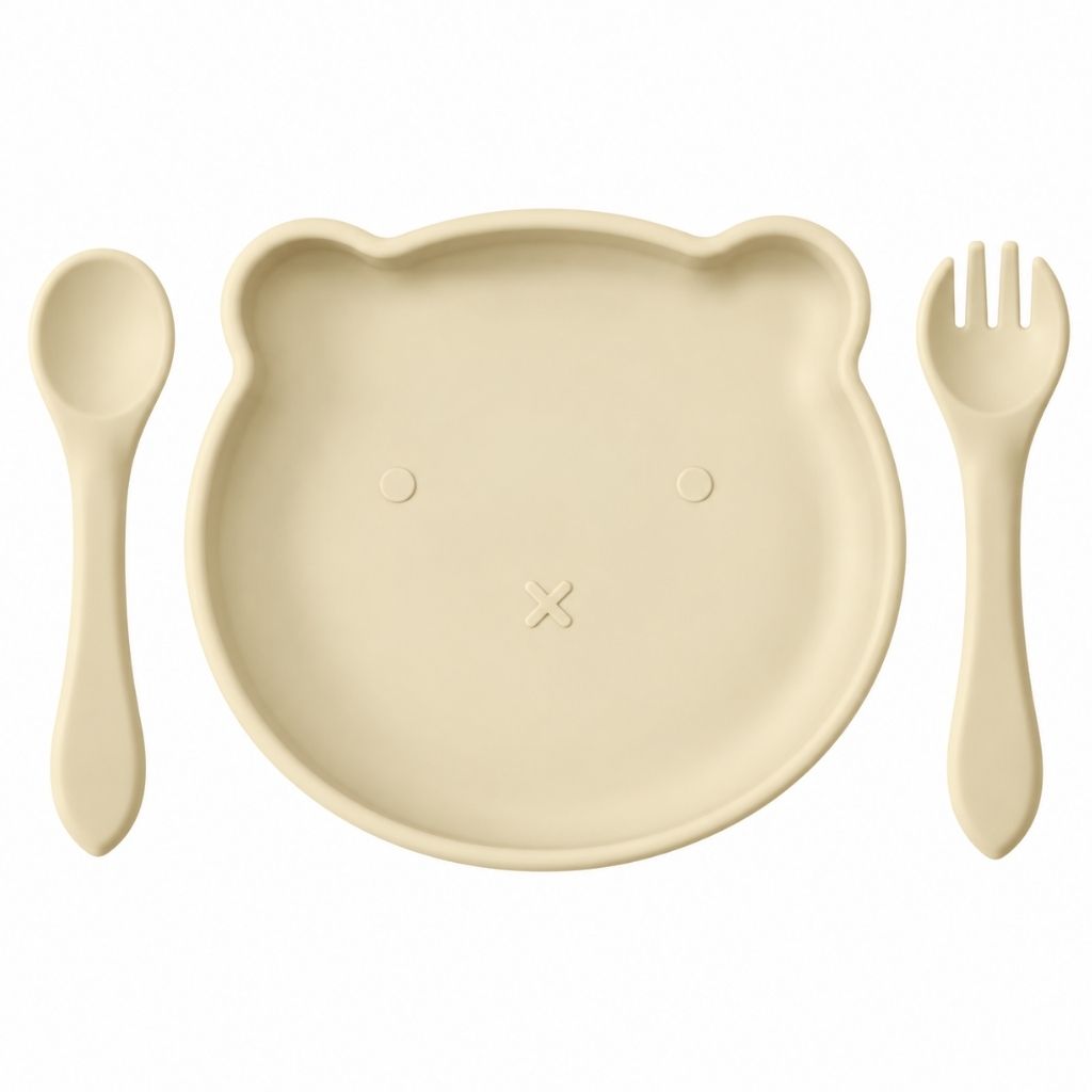 Assiette à ventouse bébé ourson beige avec cuillère et fourchette assorties