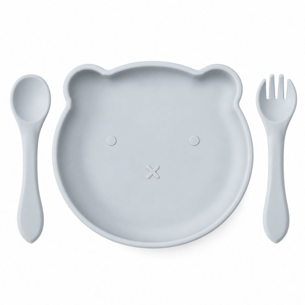 Assiette à ventouse bébé ourson bleu avec cuillère et fourchette en silicone