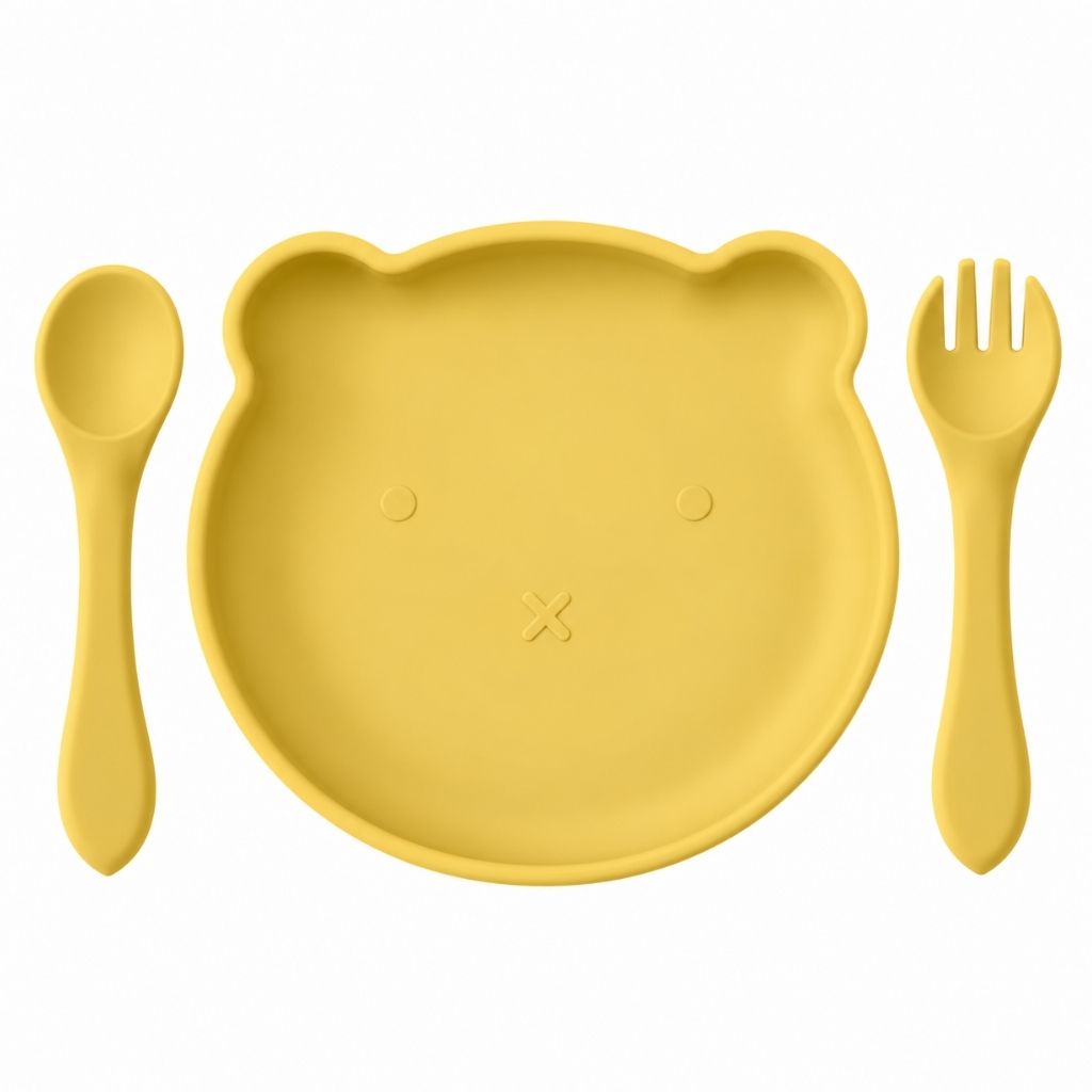 Assiette à ventouse bébé ourson jaune avec cuillère et fourchette assorties