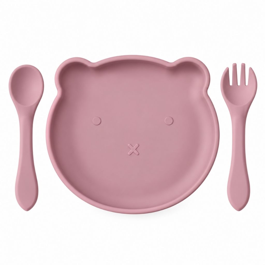 Assiette à ventouse bébé ourson rose foncé avec cuillère et fourchette assorties