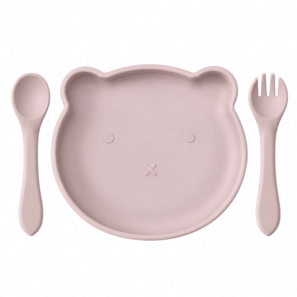Assiette à ventouse bébé ourson rose poudré avec couverts assortis